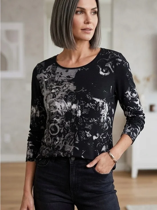 XL-2x Y2K Black & White Printed Long-Sleeve Women’s Top - Picture 1 of 5